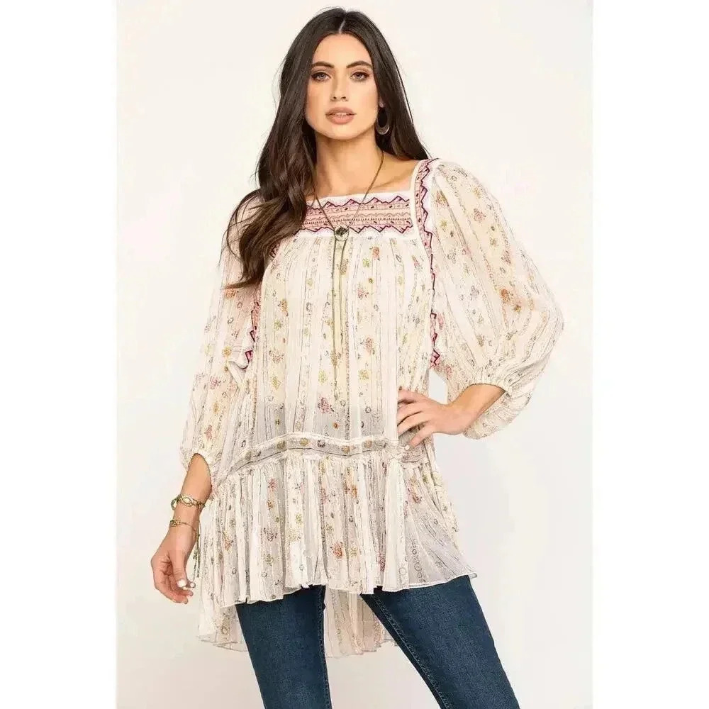 NWT Free People Floral Embroidered Tunic - Cream and Pink